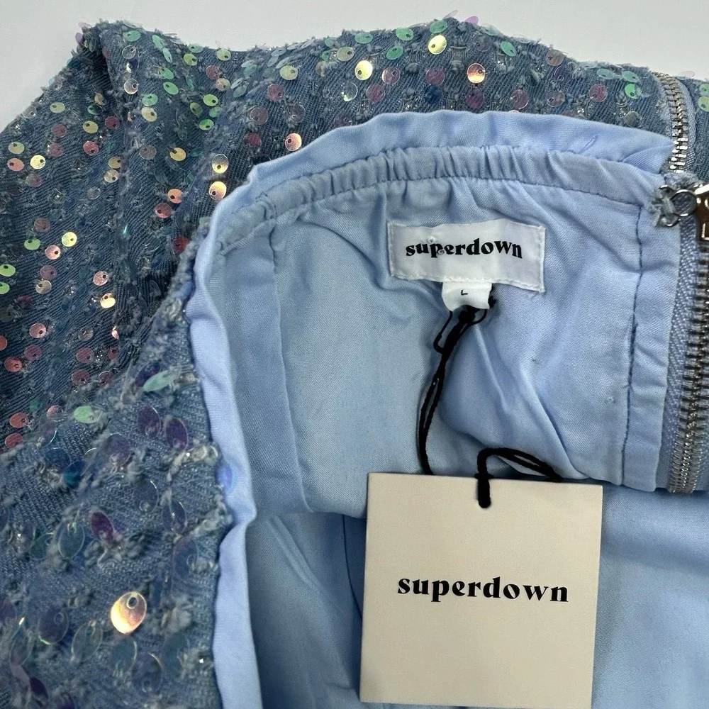 Superdown Claudia Sequin Denim Dress Mini Light Blue Strapless Womens L READ New - Picture 8 of 14